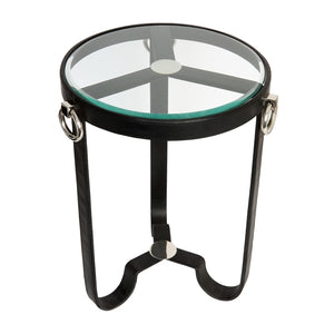 Black Leather Round Side Table With Glass Top And Feature Handles
