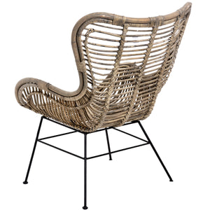 Natural Rattan Wing Chair, with Metal Black Frame Legs