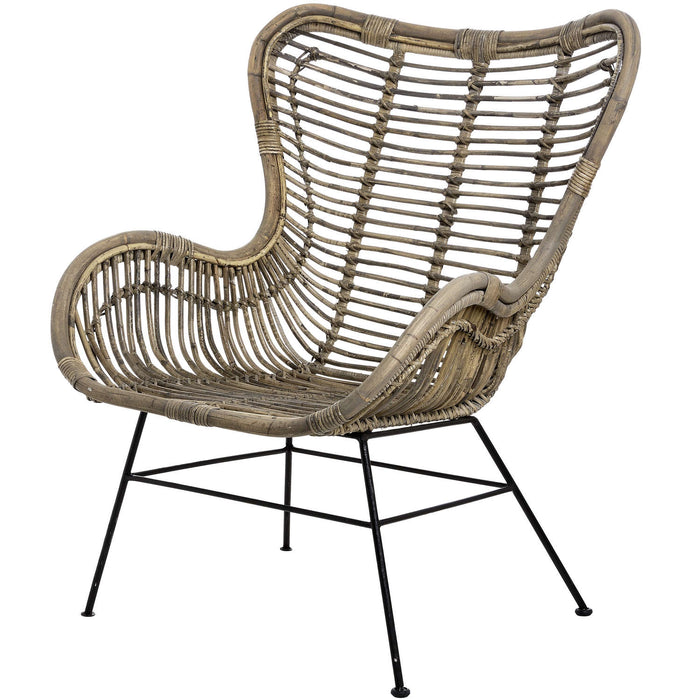 Natural Rattan Wing Chair, with Metal Black Frame Legs