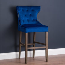 High Back, Navy Velvet Tufted High Bar Stool with Walnut Legs