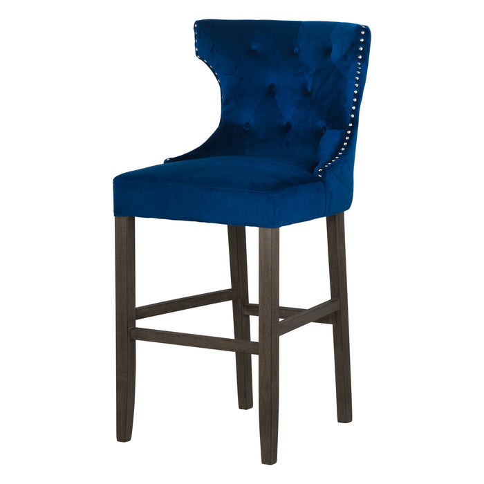 High Back, Navy Velvet Tufted High Bar Stool with Walnut Legs