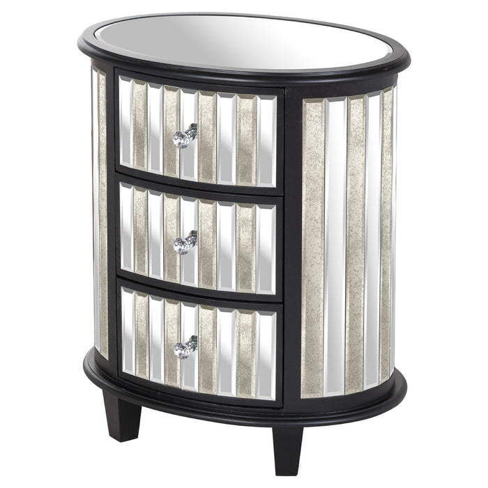 Mirrored Glass Black Top Oval 3 Drawer Unit