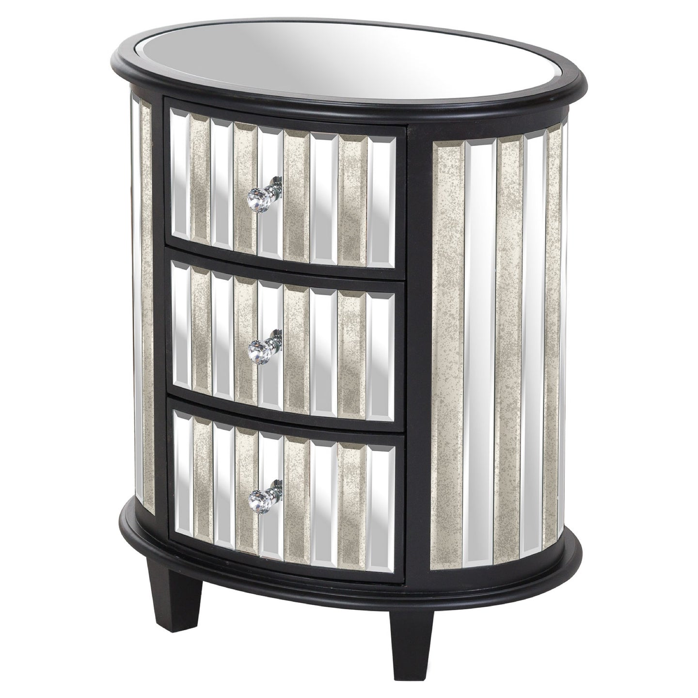 Mirrored Glass Black Top Oval 3 Drawer Unit