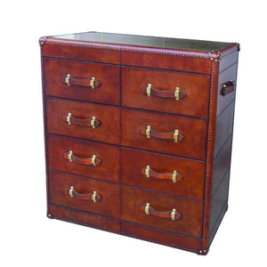 Large Panama Leather Chest Of Five Drawers With Brass Top- Cognac