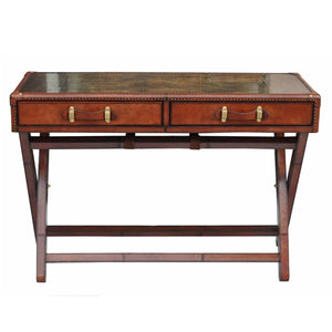 Panama Leather Console Table With Brass Top And Wooden Legs- Cognac