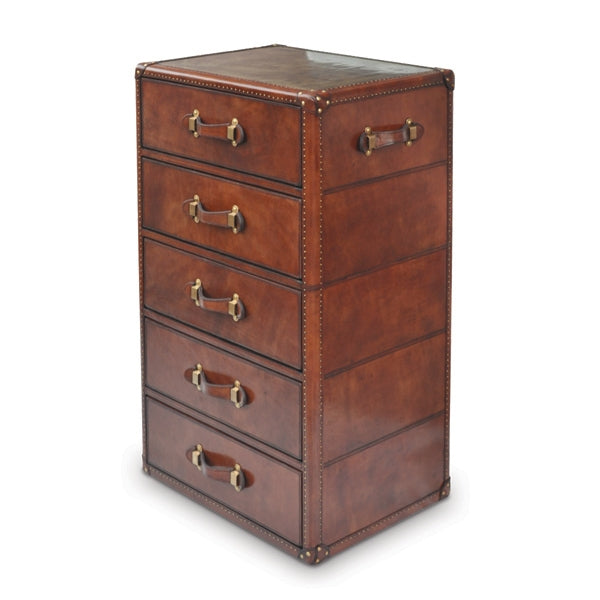 Small Panama Leather Chest Of Five Drawers With Brass Top-cognac