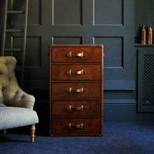 Small Panama Leather Chest Of Five Drawers With Brass Top-cognac