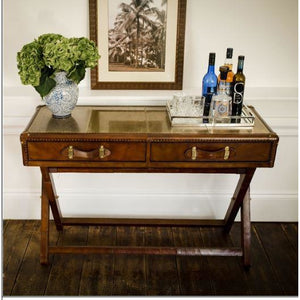 Panama Leather Console Table With Brass Top And Wooden Legs- Cognac