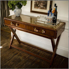 Panama Leather Console Table With Brass Top And Wooden Legs- Cognac