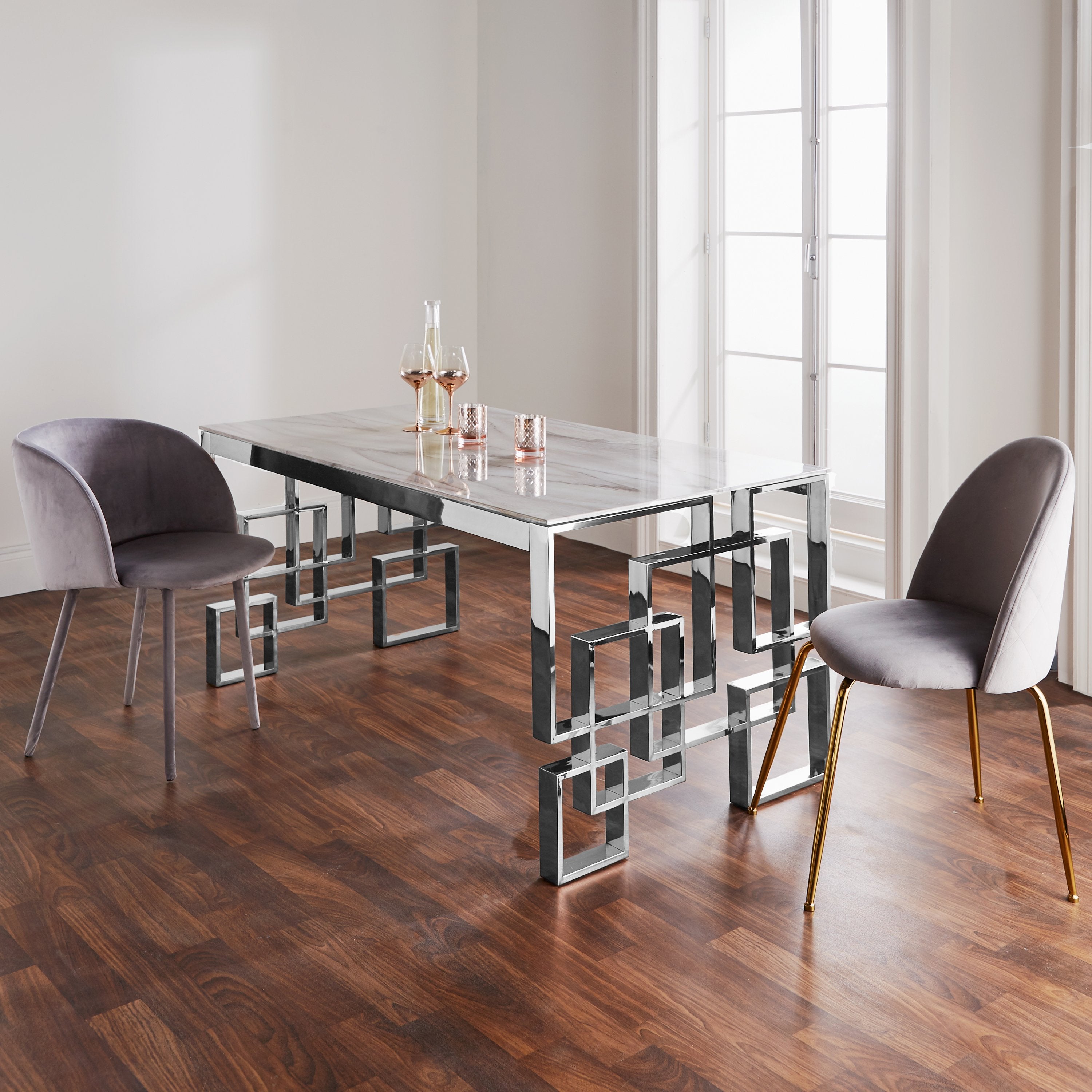 Silver glass dining table discount