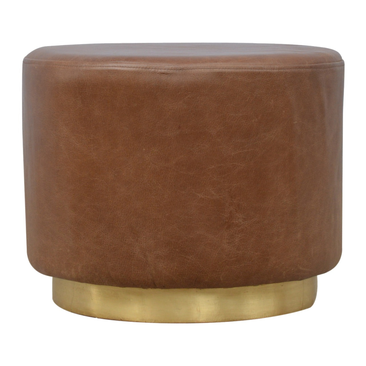 Brown Buffalo Leather Footstool with Gold Base