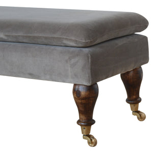 Bench in Grey Velvet with Castor Feet