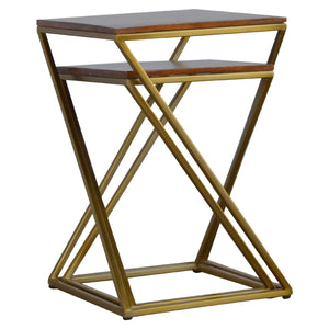 Set of 2 Chestnut Nesting Tables with Gold Base