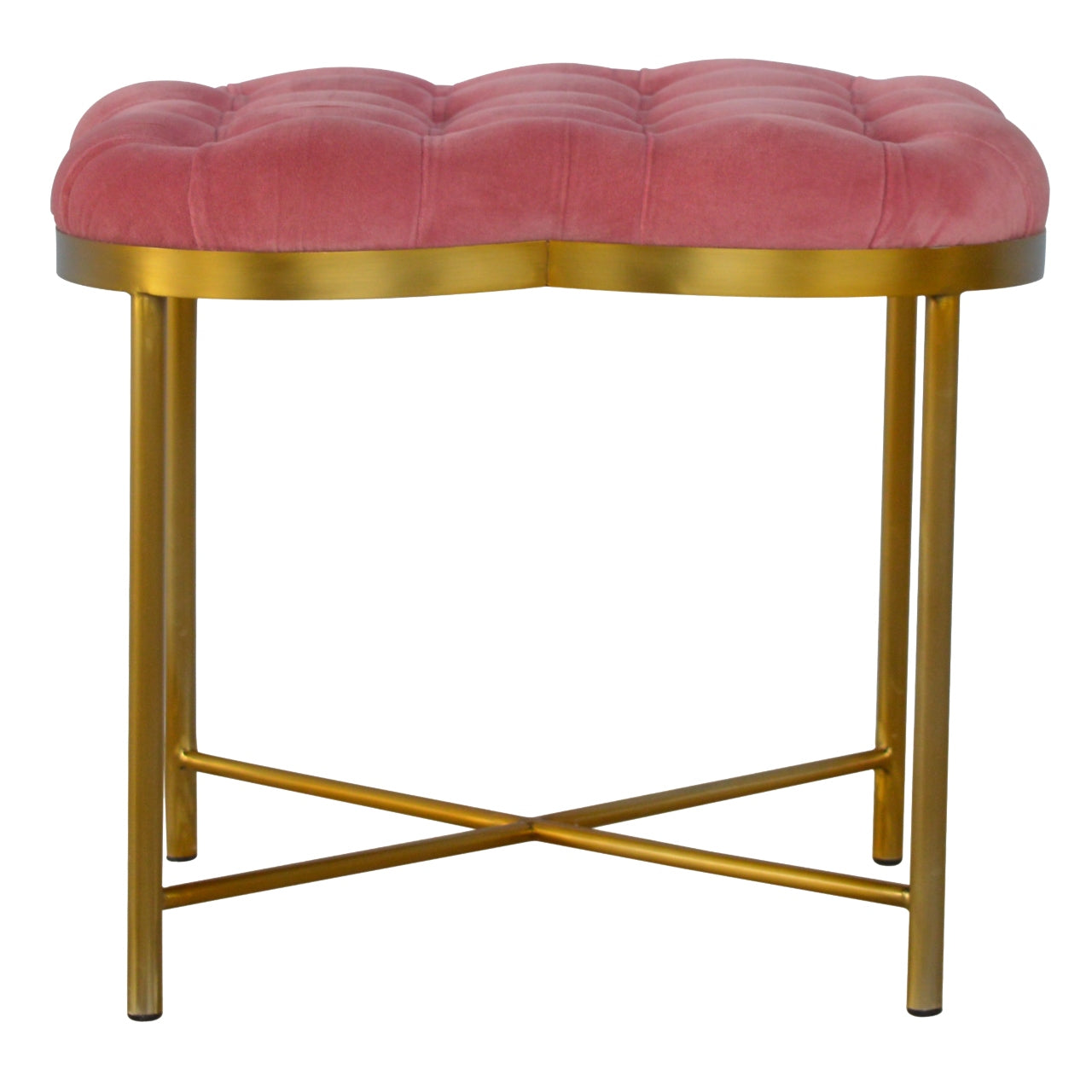 Clover Shaped Deep Button Footstool Upholstered Pink Velvet with Golden Base
