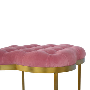 Clover Shaped Deep Button Footstool Upholstered Pink Velvet with Golden Base