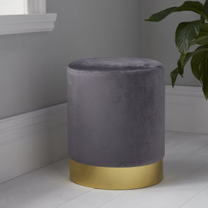 Round Grey Velvet Stool - Gold Finish