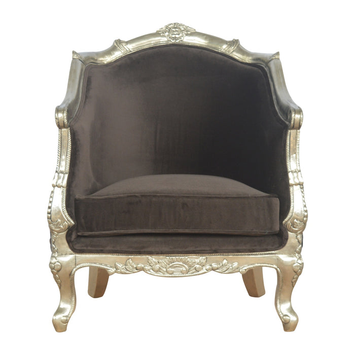 Sleek Brown Cotton Velvet Carved Armchair
