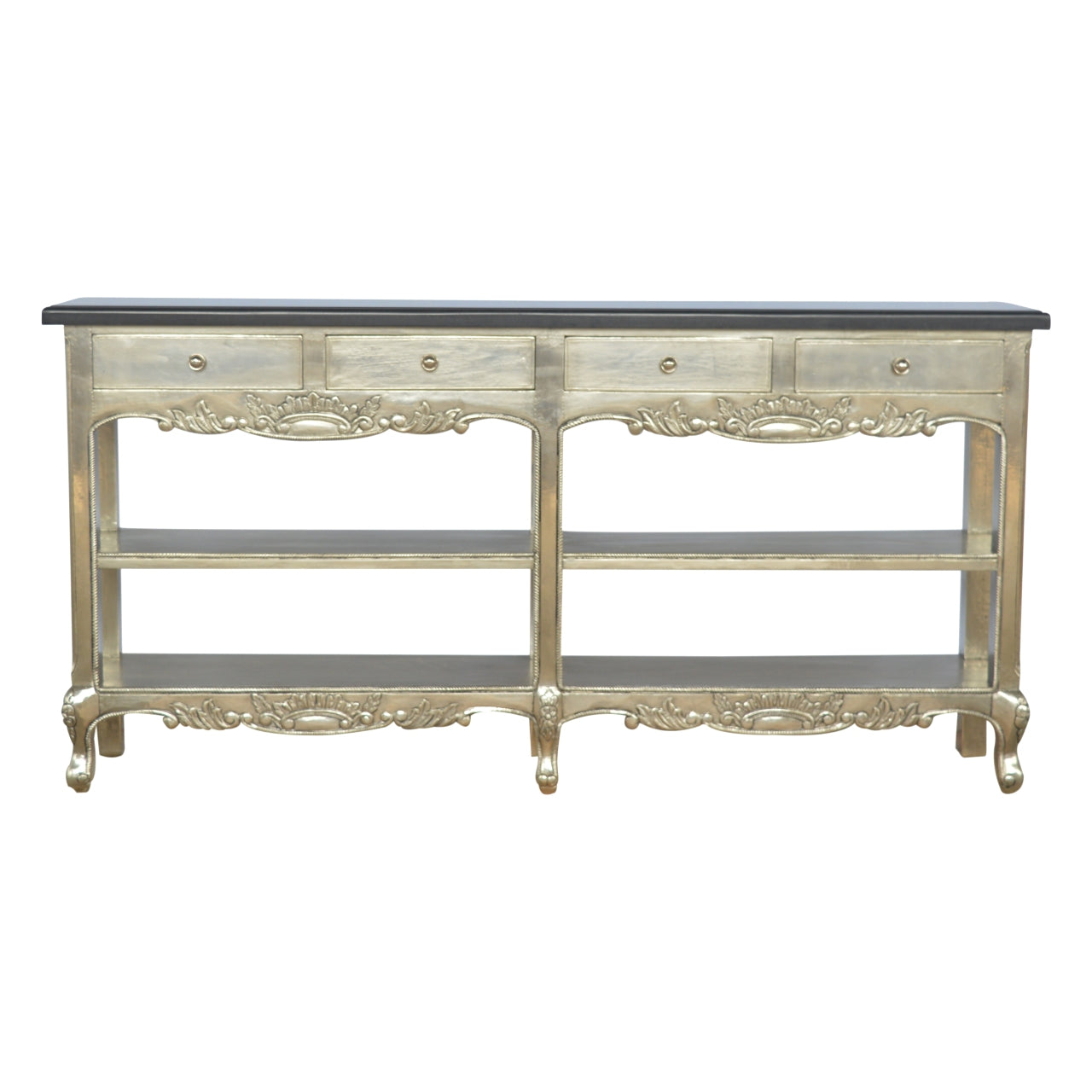 Hand Carved Console Table with Black Marble Top